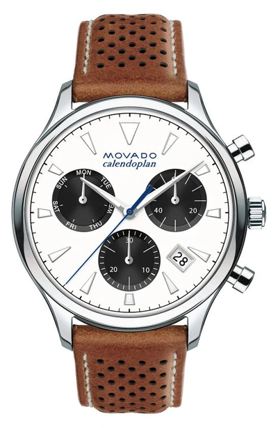 Movado 43mm Heritage Calendoplan Chronograph Watch With Perforated Leather Strap In Brown