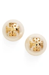 TORY BURCH SWAROVSKI CRYSTAL PEARL LOGO STUD EARRINGS,11165514