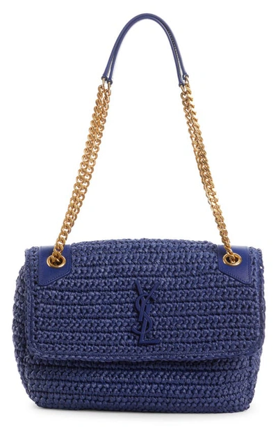 Saint Laurent Niki Ysl Monogram Medium Crocheted Shoulder Bag In Bleu Otre