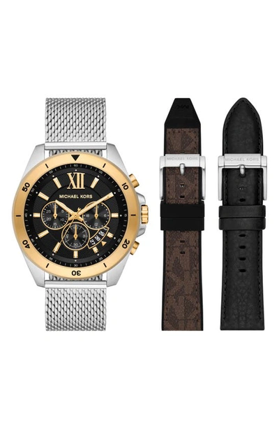 Michael Kors Men's Brecken Chronograph Stainless Steel Mesh Bracelet Watch And Interchangeable Strap Set 45mm In Two-tone