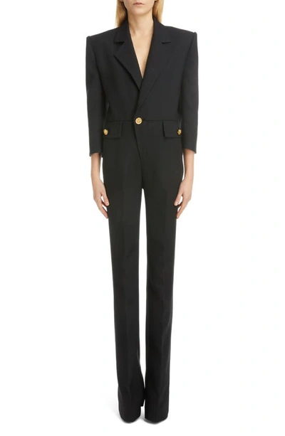 Saint Laurent Button-embellished Herringbone Wool Jumpsuit In Noir