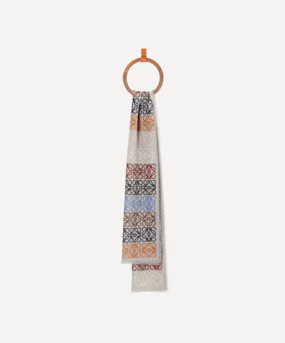 Loewe Fringed Printed Wool, Silk And Cashmere-blend Scarf In Grey/multi