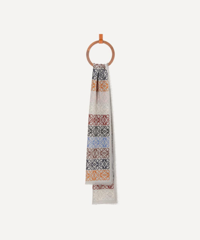 Loewe Fringed Printed Wool, Silk And Cashmere-blend Scarf In Gray