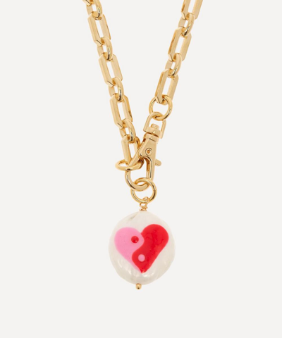 Martha Calvo 14ct Gold-plated Ying Yang Heart Pearl Necklace In Gold, Red/pink Pearl