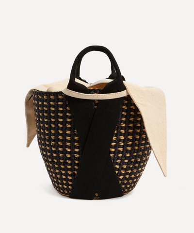 Muun Anna Dot Woven Straw And Cotton Basket Tote Bag In Black