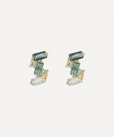 Suzanne Kalan 14ct Gold Diamond And Blue Topaz Baguette Stud Earrings