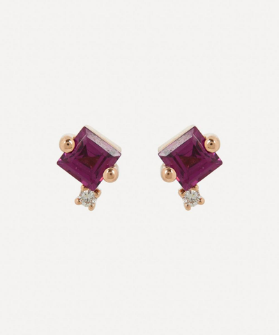 Suzanne Kalan 14ct Rose Gold Princess Cut Rhodolite Stud Earrings In Rose Gold, Rhodolite
