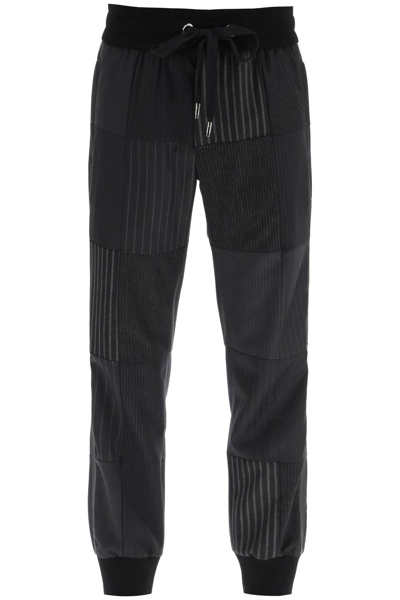 Dolce & Gabbana Patchwork Pinstripes Jogger Trousers In Black,grey