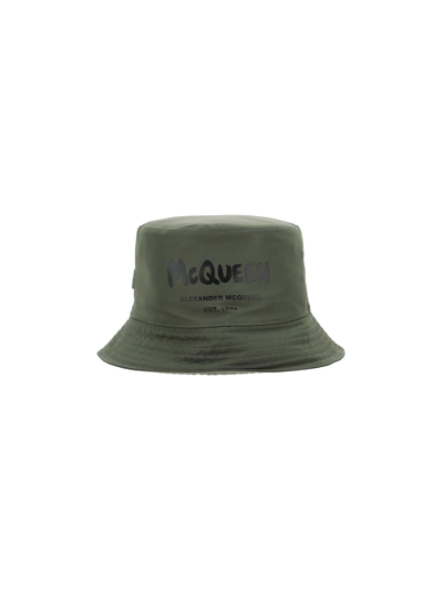 Alexander Mcqueen Logo Printed Bucket Hat In Khaki Multi