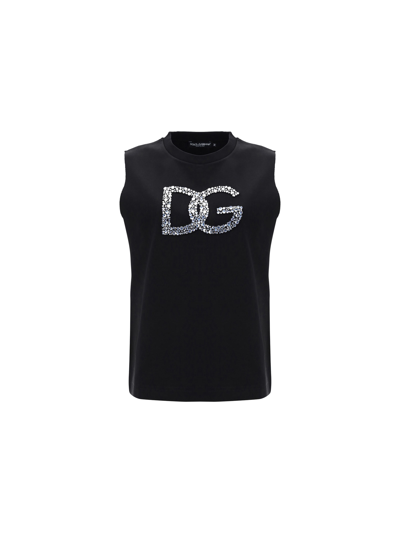Dolce & Gabbana Interlock Tank Top With Crystal Dg Embellishment In Black