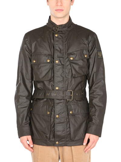 Belstaff Trialmaster Belted Patch-pocket Leather Jacket In Green