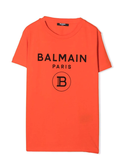 Balmain Kids' Logo-print Crewneck T-shirt In Arancio