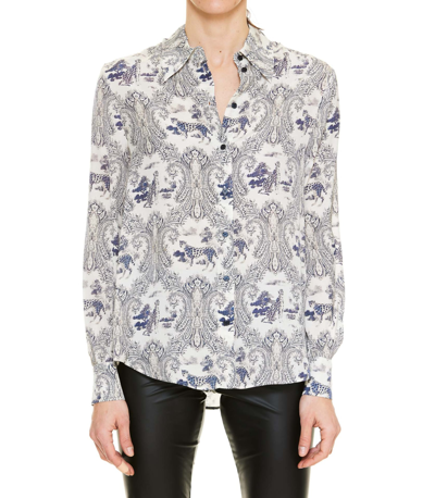 Pinko Smorzare Camicia Twill Panther Print Button Front Shirt In Beige