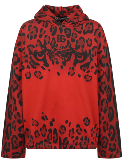 Dolce & Gabbana Leopard - Print Cotton Hoodie In Red