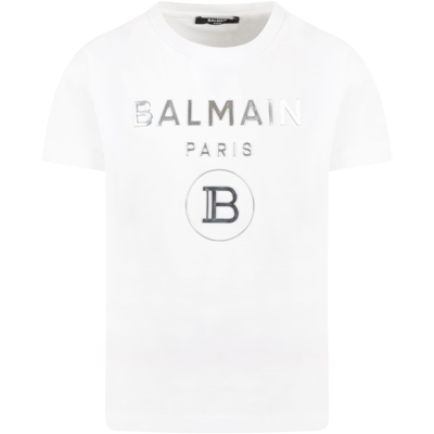 Balmain White T-shirt For Kids With Double Logo