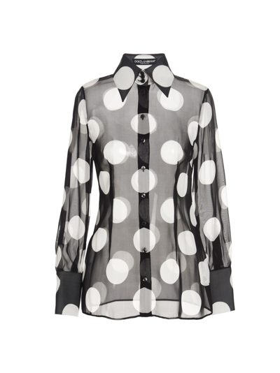 Dolce & Gabbana Semi-sheer Polka Dot Shirt In Nero