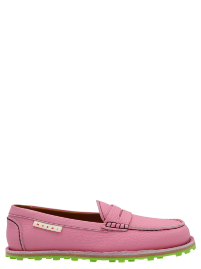 Marni Hammered Leather Loafers In Pink