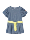 Moncler Blue Denim Ruffle Sleeve Dress With Contrast Belt In Jeans