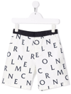 MONCLER KIDS WHITE SHORTS WITH DECONSTRUCTED NAVY BLUE LOGO