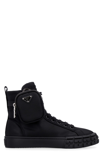 Prada Re-nylon Pouch Detail High-top Sneakers In Black