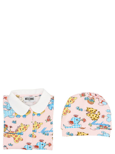 Moschino Babies' All-over Print Rompersuit & Hat In Multicolor
