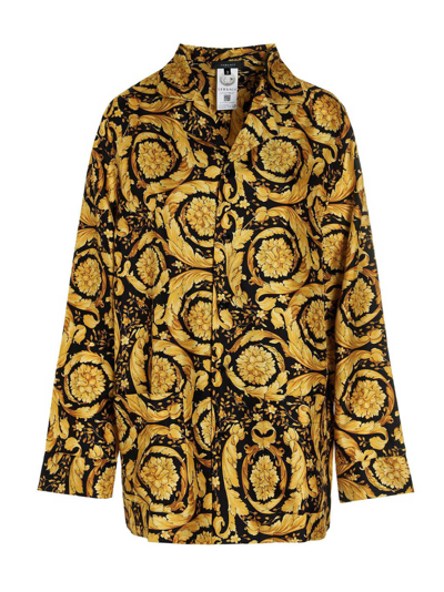Versace Baroque Pattern-print Silk Pyjama Shirt In Yellow