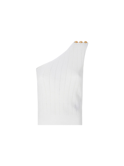 Balmain One-shoulder Button-embellished Ribbed Pointelle-knit Top In White