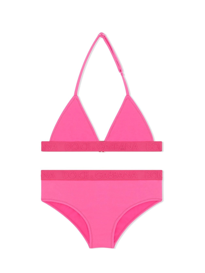 Dolce & Gabbana Fuxia Bikini Set With Logo Dolce&gabbana Kids In Pink