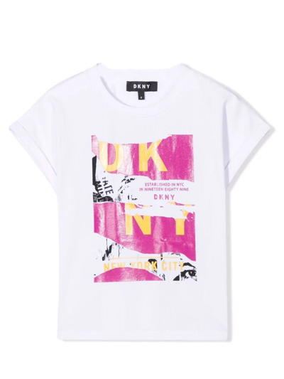 Dkny Kids' Logo-print Organic-cotton T-shirt In Bianco