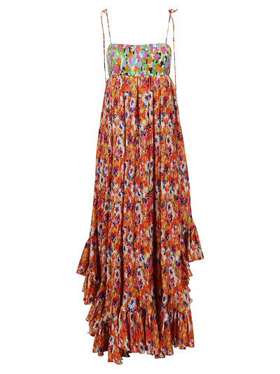 Msgm Pleated Satin Printed Long Dress In Multi