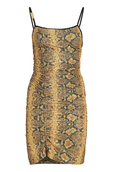 Gcds Snakeskin Print Gathered Mini Dress In Yellow