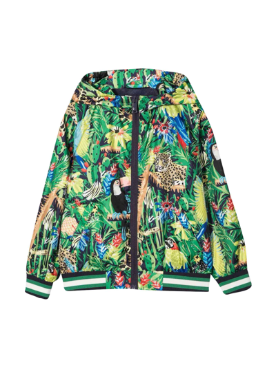 Kenzo Teen Unisex Multicolor Windproof Jacket With All-over Botanical Print With Striped Edges, Classic Ho