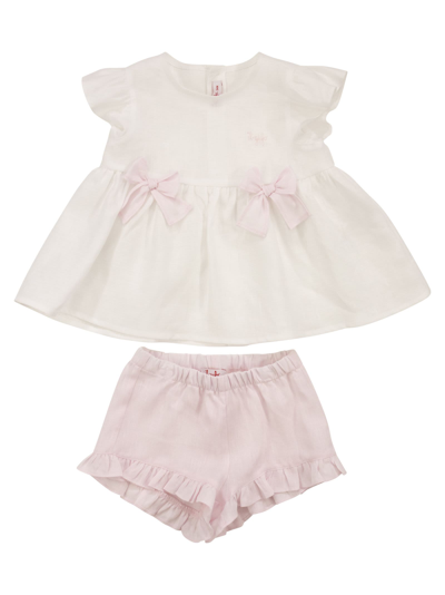 Il Gufo Kids' Linen Suit With Bows In White/pink