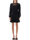 Self-portrait Black Viscose Chemical Lace Bib Mini Dress In Black