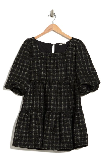 Moon River Tiered Square Neck Half Sleeve Tweed Mini Dress In Black Multi
