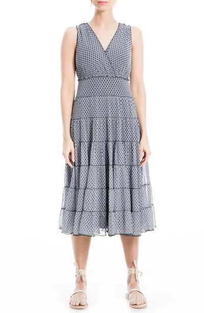 Maxstudio V-neck Sleeveless Mesh Midi Dress In Black/ Ivory Mini Petal Crest