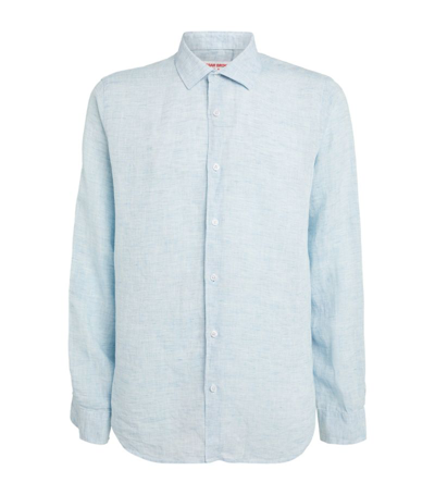 Orlebar Brown Giles Linen Textured Tailored Fit Button Down Shirt In Pale Blue/white