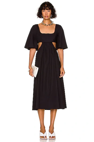 Matthew Bruch Flutter Sleeve Cutout Midi Dress In Black Poplin