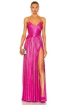Retroféte Doss Wrap-effect Pleated Lamé Gown In Hot Pink