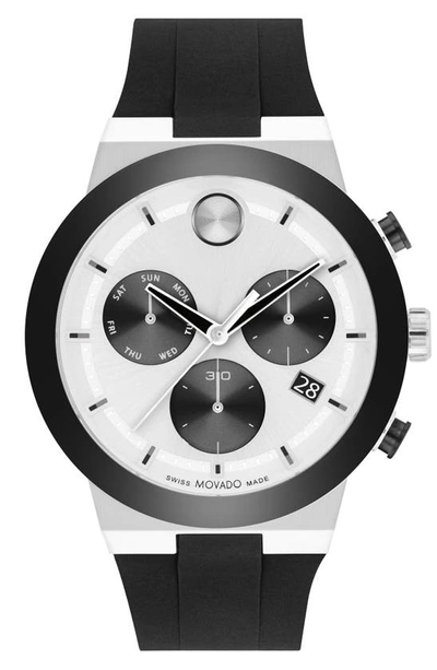 Movado Men's Swiss Chronograph Bold Fusion Black Silicone Strap Watch 44mm In Silver Tone/black