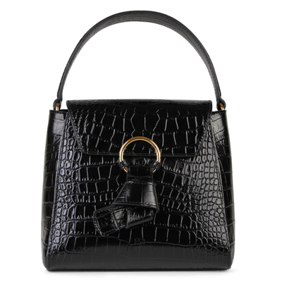 Esin Akan Midi Pimlico, Black Top Handle Bag, Embossed Croc In Black Croc