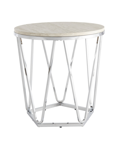 Southern Enterprises Lunia Faux Stone Round Side Table In Silver And Faux Travertine Finish