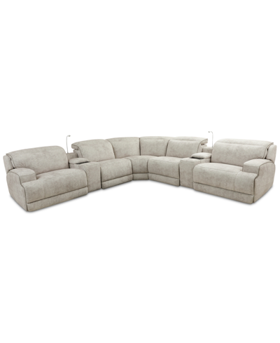 Furniture Sebaston 7-pc. Fabric Sectional With 3 Power Motion Recliners And 2 Usb Consoles, Created For Macy's In Highlander Stucco