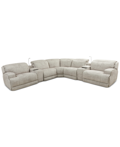 Furniture Sebaston 7-pc. Fabric Sectional With 2 Power Motion Recliners And 2 Usb Consoles, Created For Macy's In Highlander Stucco