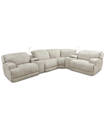 Furniture Sebaston 6-pc. Fabric Sectional With 3 Power Motion Recliners And 2 Usb Consoles, Created For Macy's In Highlander Stucco