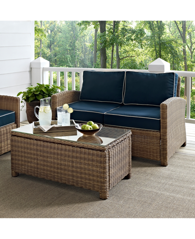Crosley Bradenton 2 Piece Outdoor Wicker Seating Set With Cushions - Loveseat And Glass Top Table In Weathered Brown