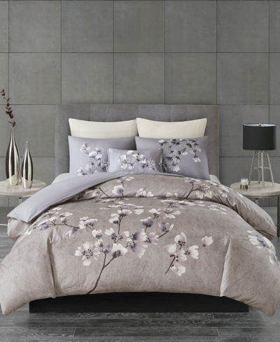 Natori N  Sakura Blossom King 3 Piece Cotton Sateen Printed Duvet Cover Set Bedding In Lilac