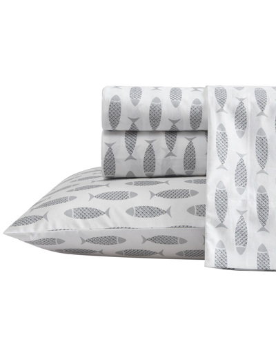 Nautica Woodblock Fish Cotton Percale 3-piece Sheet Set, Twin In Gray
