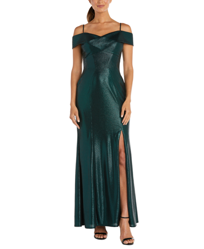 Nightway Petite Off-the-shoulder Metallic Gown In Black/emerald