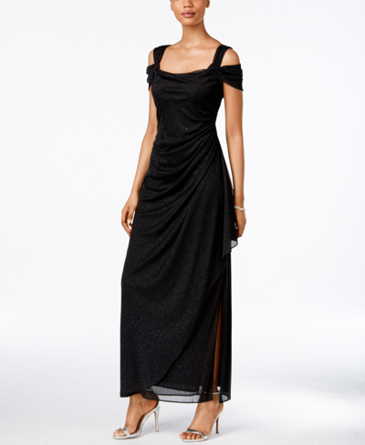 Alex Evenings Petite Cold-shoulder Draped Metallic Gown In Black